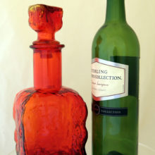 Before the 1960's, people thought it "in poor taste" to serve alcohol in the original bottle. Wine and other spirits were decanted into more "acceptable" containers, such as this retro bark glass decanter.