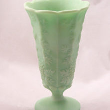 Hard to find jade green satin slag grape & glass vase.