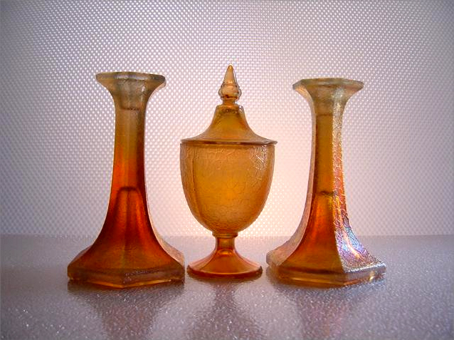Depression Glass Marigold Faux Crackle Candlestick Holders.