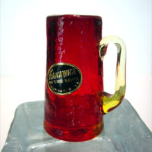 Ruby crackle shot glass is made by Kanawha Art Glass, pattern #158 Benedictine.