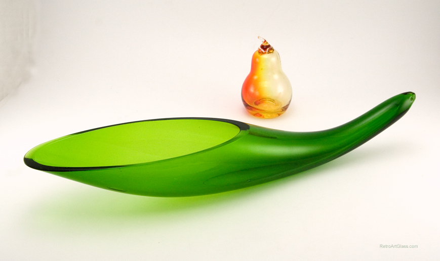 This modernist Blenko Art Glass horn vase is described in early Blenko catalogs as part no. 964-S 18.5" long.