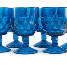 Beautiful deep blue wine goblets with the 'Georgian' pattern.