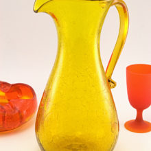 Huge vintage Blenko handmade pitcher. Stands 13" tall, holds at least 64 ounces. Beautiful form, decor, color and large size makes this useful pitcher a great flower vase too.