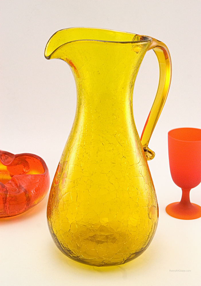 Huge vintage Blenko handmade pitcher. Stands 13" tall, holds at least 64 ounces. Beautiful form, decor, color and large size makes this useful pitcher a great flower vase too.