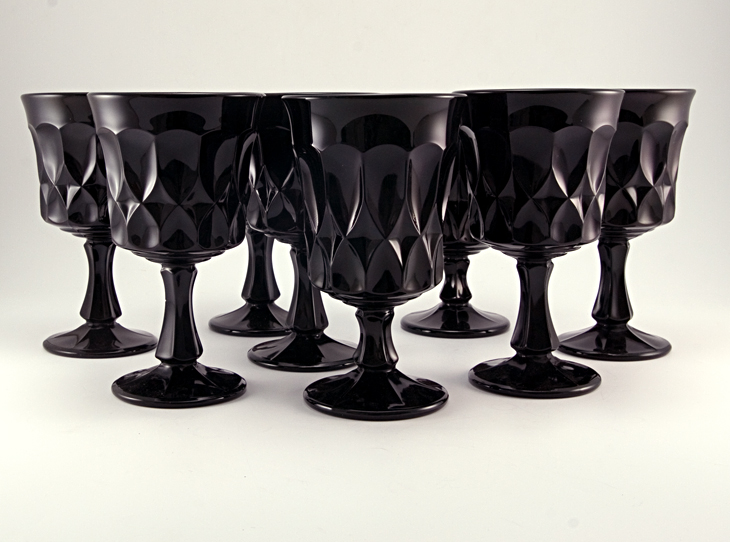 Retro Vintage Black Glass Goblets Set of 8