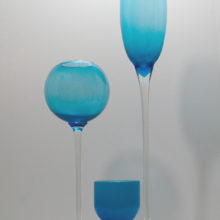 Giant glass goblet vase set hand-blown in blue and colorless glass. The largest measures 23" tall, the other is 15.5" tall.