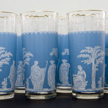 Neoclassic style Jeannette Glass tall tumblers designed to match a Wedgwood pattern called Jasperware.