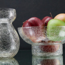 Blown glass Hyacinth vase and bowl matching set in hand-blown fine crackle glass. The Hyacinth, or bulb vase is in the teardrop shape with a tall bowl.