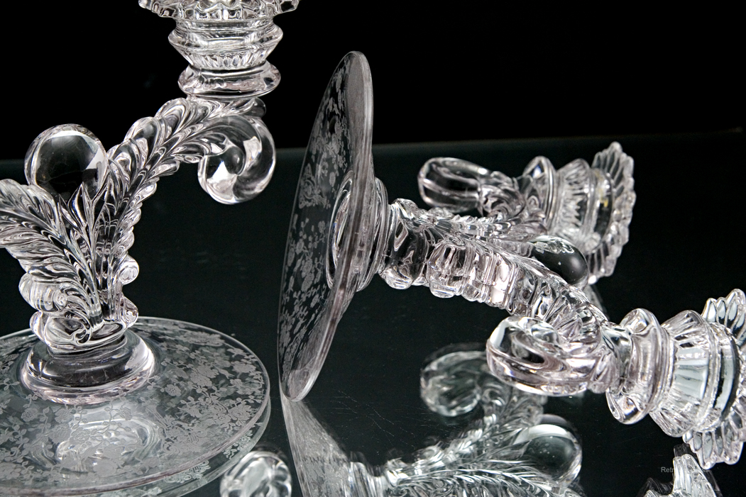 The etched foot and bowl were formed separately and applied to the plume and ball stem.