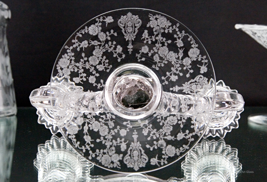The Cambridge Rose Point etch smothers the bases of these beautiful elegant Depression crystal candlestick holders.