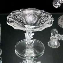 Depression era elegant glass comport with Fostoria's infamous Navarre etching designed by Edgar Bottome.