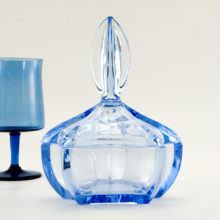 European Art Deco glass vanity jar in beautiful light Azure blue.