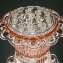 Pink Depression glass ribbed flower bowl with original crystal frog made by Hocking Glass Co, circa 1935 to 1938. Hard to find.