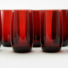 Hard to find set of 8 Royal Ruby water tumblers. Sturdy, well-made vintage glass blown from mold.