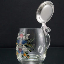 Vintage glass tankard with hand painted Tole decor and hand formed thick metal lid.