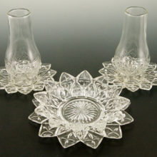 Rare Federal Flower Petal glass candle holder lanterns with matching bowl and plate.