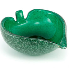 Hand-made Pulegoso art glass from Mid-20th Century Italy with foamy bubble decor trapped within emerald green and clear glass layers.