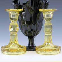 Quality vintage glass candlesticks in a subtle yellow, sometimes called Sahara or Canary by glass makers of yesteryear.