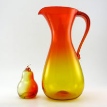 Large Mid-Century art glass Blenko #569 pitcher in Amberina. The part number tells us it was the 9th Husted design created in 1956.