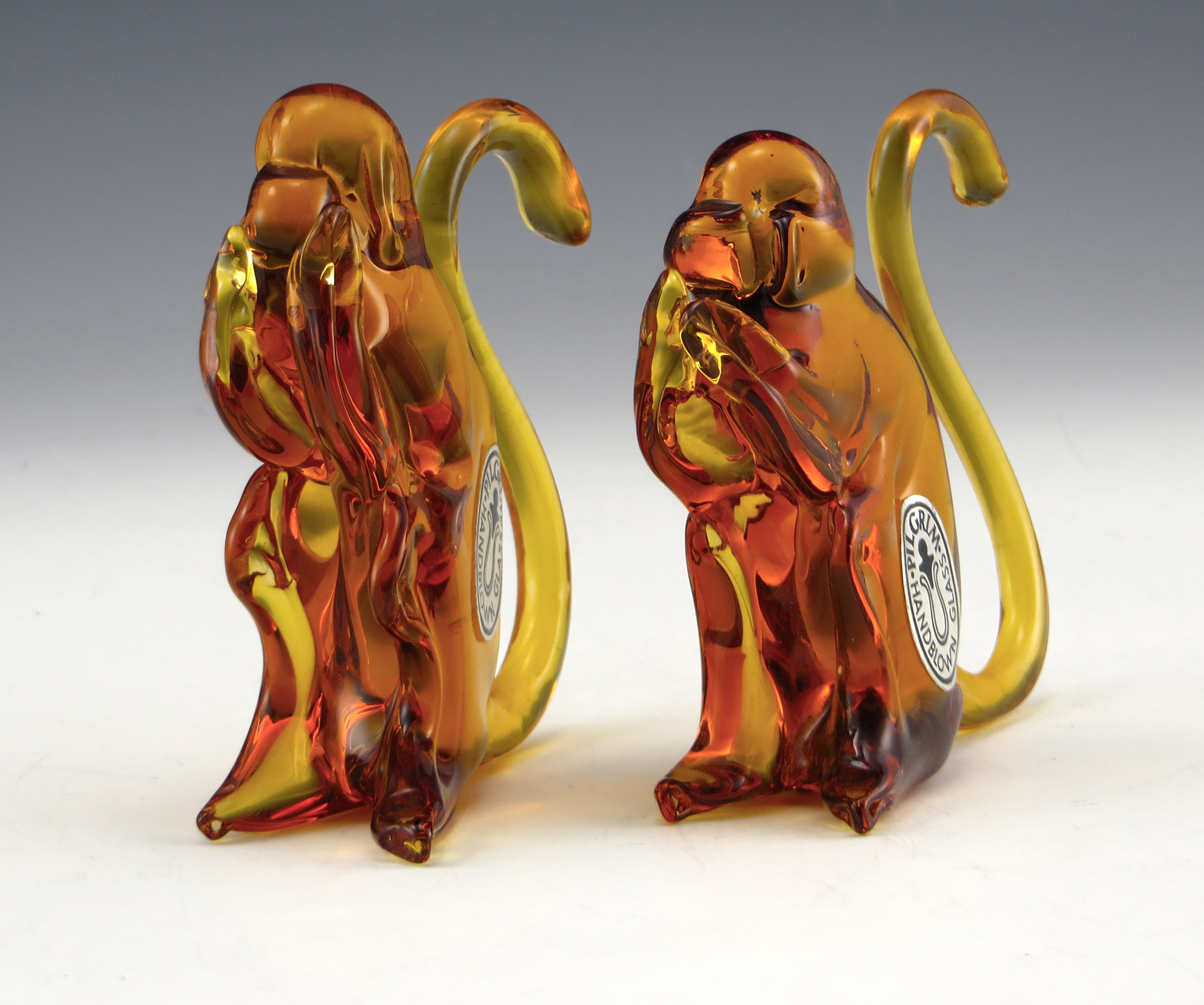 Pilgrim art glass Mid-20th Century figurines. Scarce monkey pair both in excellent shape with labels.