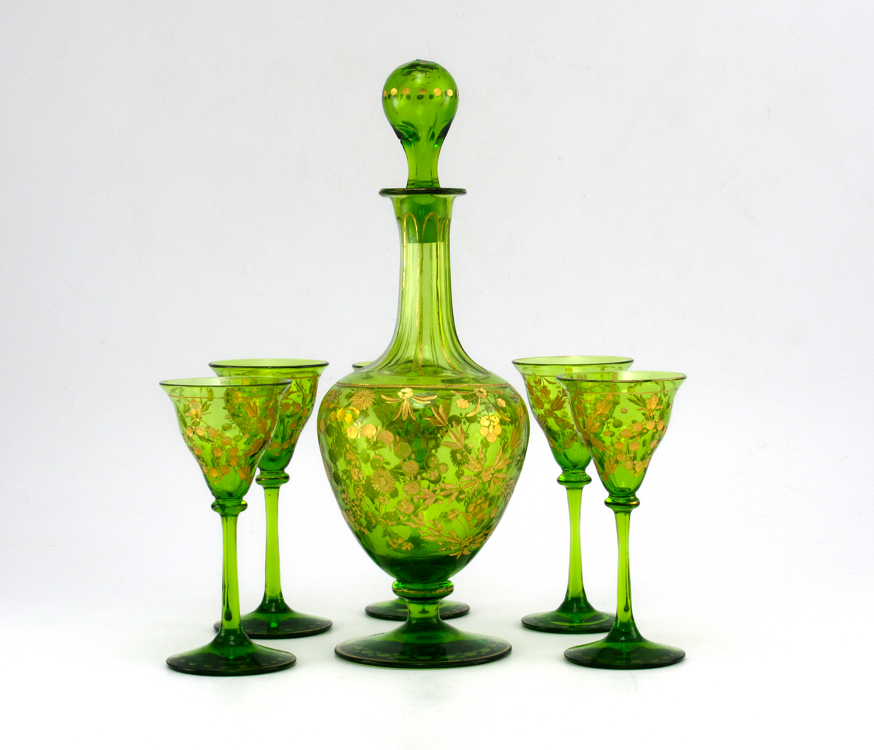 Antique Emerald Decanter and Goblets Engraved Gold Filled