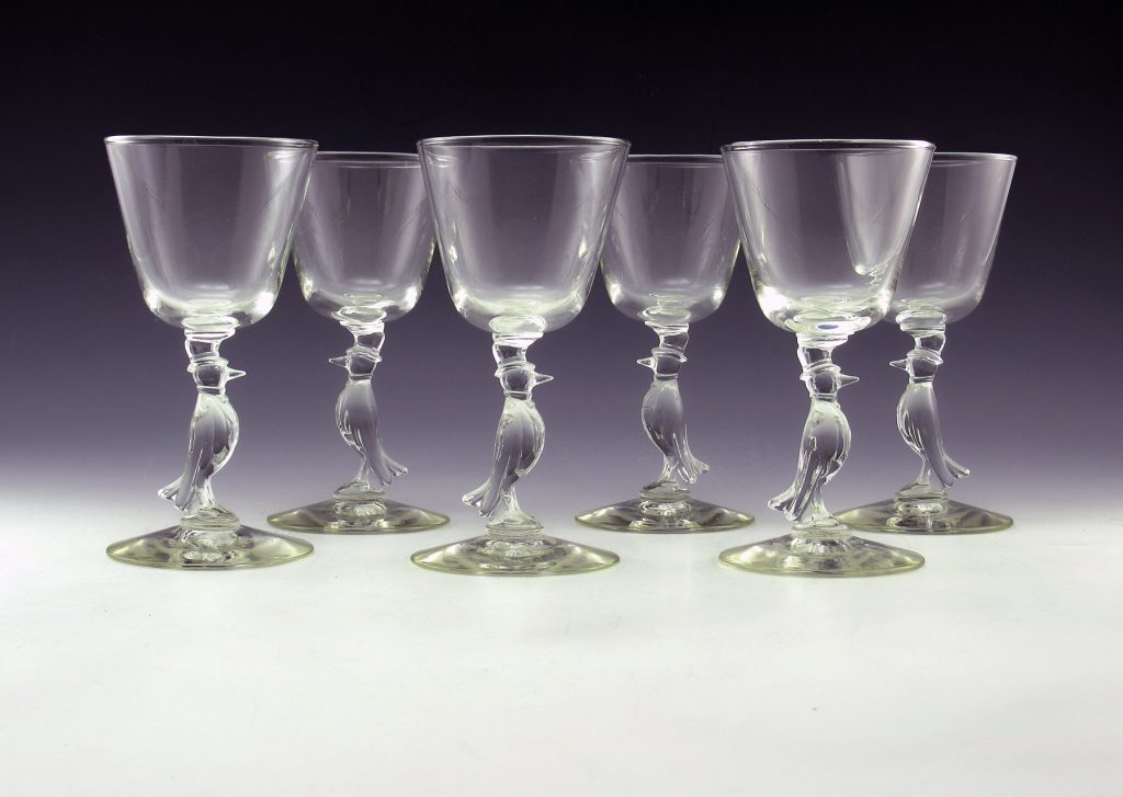 Cocktail Stemware Old Crow 1950s Set 6 Retro Art Glass