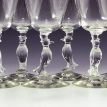 Perfect set of six Morgantown cocktail stemware with figurals of a fancy clad crow. The crow is wearing a tuxedo and top hat.