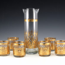 Exceptional Culver Glass cocktail set includes (1) 14" tall double spouted mixer and six matching rock tumblers. Made in the U.S.A.