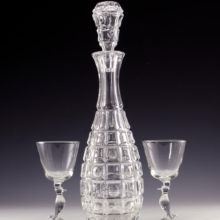 Large antique crystal decanter with original hollow, ground to fit stopper. Made of quality, thick leaded crystal. Weighs 4 Lbs. Stands 15" tall.