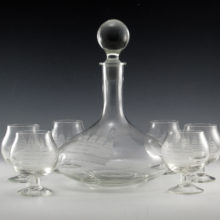 Bohemian Ship Decanter and Goblet Set Romania Label