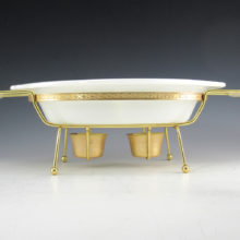 Unused vintage Fire-King table or buffet server with original candles and box. See image 5, the wax and wick poured into the candle holders are original and unused. Circa 1950's to 1960's.