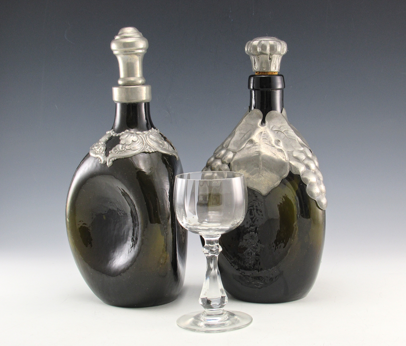 Vintage Danish Glass and Pewter Pinched Decanter Grape