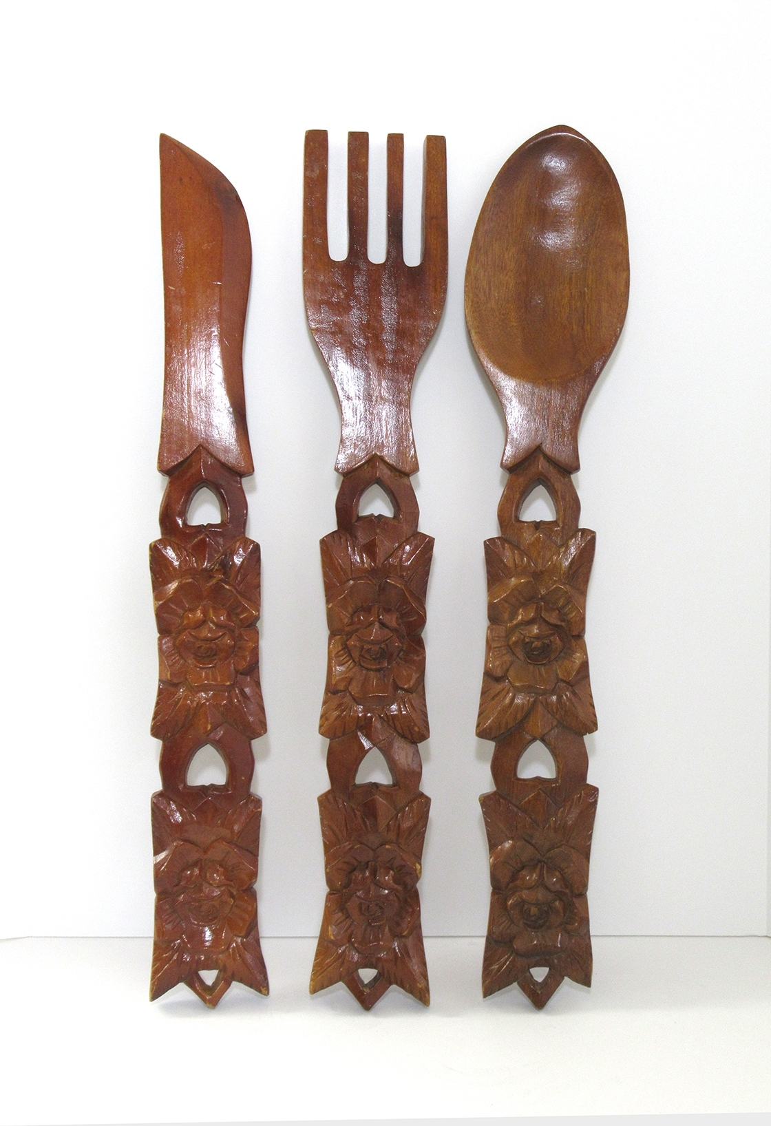 Huge Vintage Wall Art Fork Knife & Spoon in Hand-Carved Wood