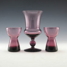 Morgantown Amethyst blown crystal candle holder set and vase from 1950's to 1960's Morgantown Glass Decor Line. Morgantown Glass was a long-established elegant glass house in West Virginia, out of business by the 1980's.