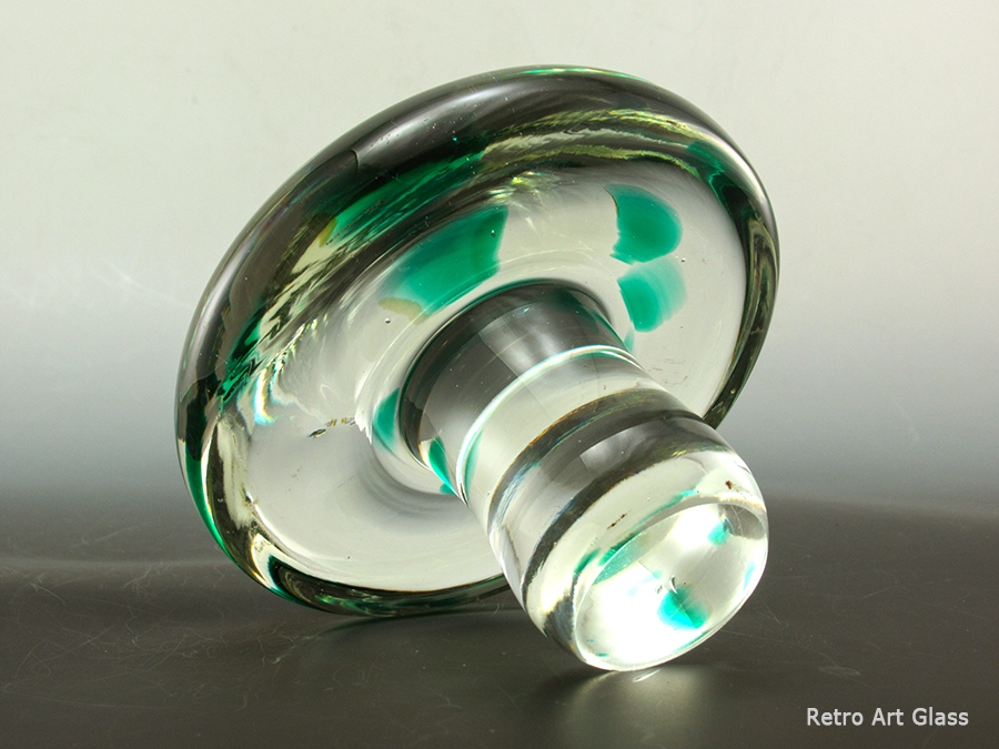 Measures 6" at widest, 4" tall, weighs a whopping 3½ lbs. Two trapped in bubbles inside stem (see images), common in hand made glass.