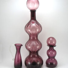 This giant retro modern decor decanter stands ' tall! It was hand-blown in the Mid-20th Century. We believe the maker is Pilgrim Art Glass, U.S.A., but it could have been made in Italy, possibly Empoli Glass. Circa 1960's.