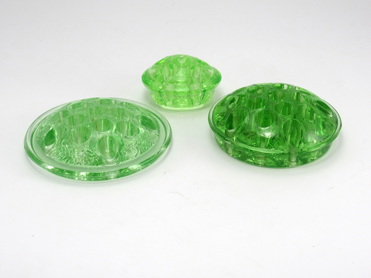 Uranium Glass Flower Frog Small Bud Vase Size Dated 1916