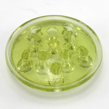 Small antique Vaseline glass flower frog made in the 1920's to 1930's for assistance in flower arranging. "Vaseline glass' is collector slang, it's actually called Uranium glass. Because of the light yellow color, it's often called Vaseline glass (looks like Vaseline).