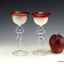 Set of curious figural stem glass goblets with tulip type vessels. Made in the style of Bimini, a famous Austrian producer of lamp-work art glass in the 1920's-1930's.