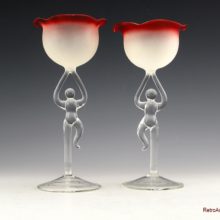 Pair of Bimini Glass style dancing figures stemmed glass goblets. Vintage handmade lamp-worked glass.