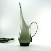 Swedish modern decor pitcher vase by Viking Art Glass, USA. Circa 1960's. High quality vintage mod vase form in smoke greenish black.