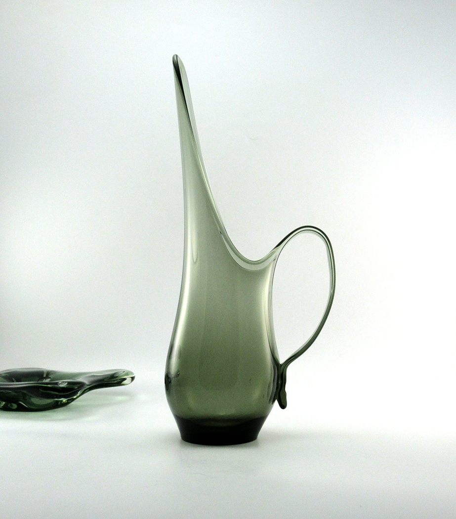 Swedish modern decor pitcher vase by Viking Art Glass, USA. Circa 1960's. High quality vintage mod vase form in smoke greenish black.