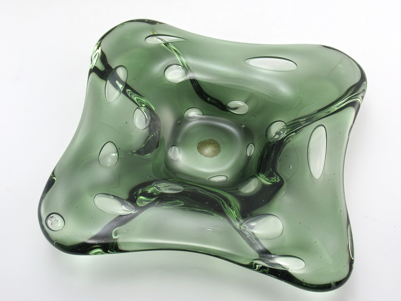 Murano mid-century modern glass bowl with Toso label. Very unusual Toso labeled Murano glass bowl with large air bubbles inserted within the glass.