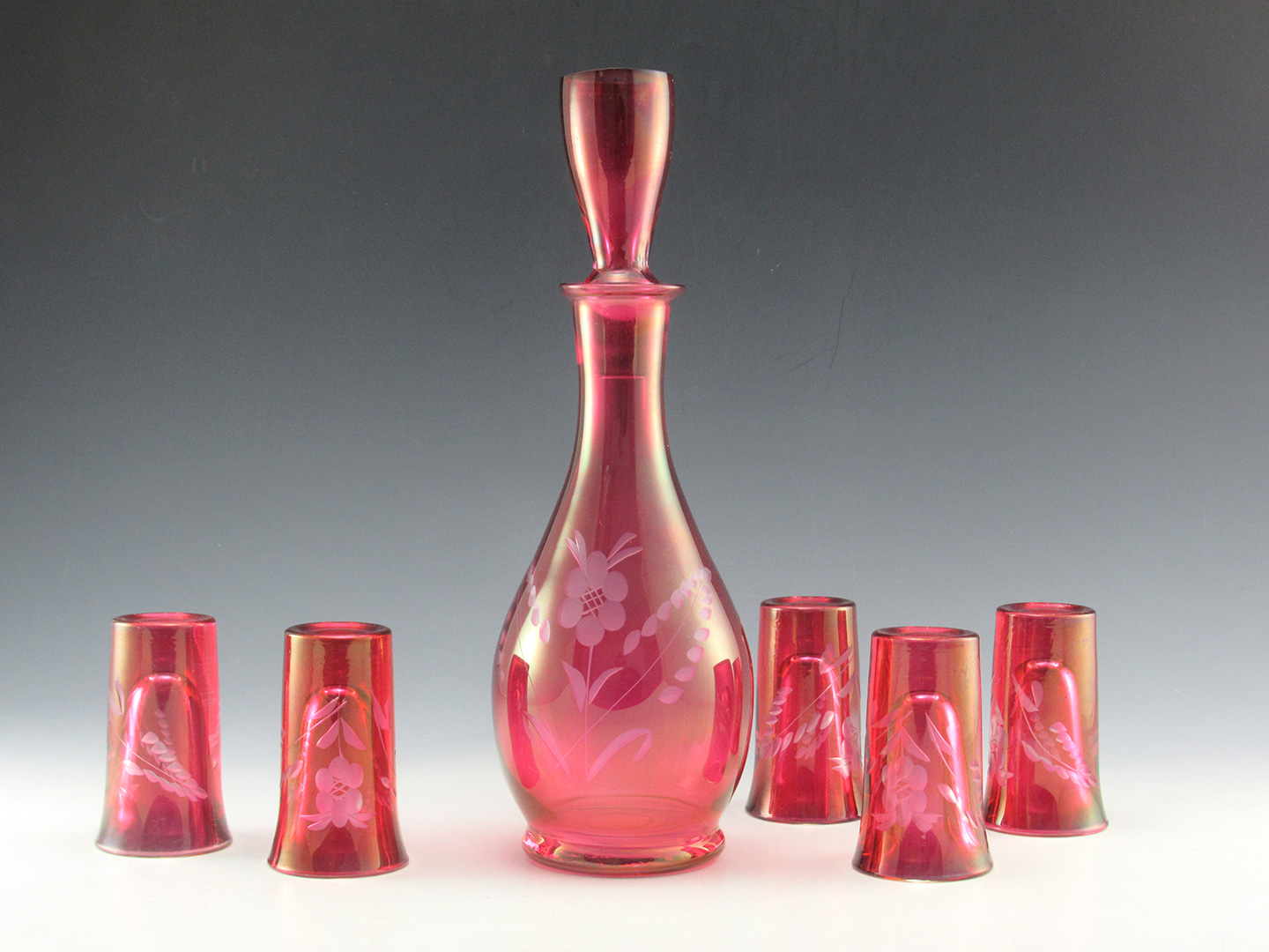 Art Deco Glass Decanter with Jigger Stopper and 5 Shot Glasses