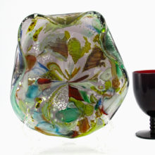 Beautiful AVeM Murano glass bowl hand-made of colorful murrine, zanfirico and real silver leaf with opalescent features in the shape of an oyster shell.