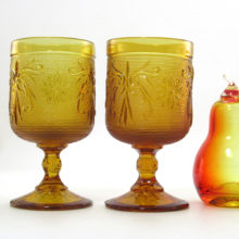 set of Sandwich glass wine goblets was made by Indiana Glass and distributed by Tiara. Circa 1980's. They are made with heavy, great quality vintage glass.