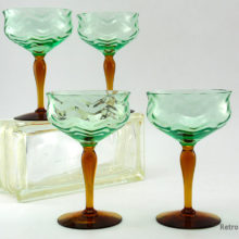 Antique glass stemware set of 4 in amber and green herringbone optic.