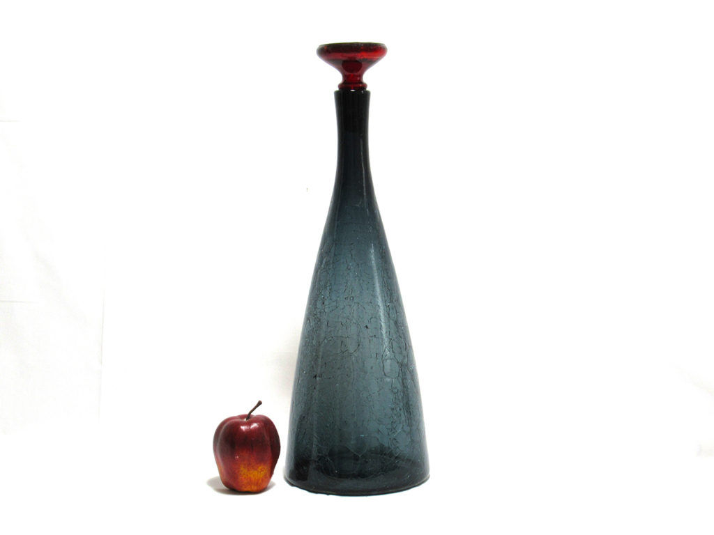 Blenko art glass giant decanter in smoke black crackle with married ruby red stopper.