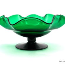 Hand-blown and hand-formed antique emerald glass low bowl centerpiece. Lovely old bowl dates back to the 1920's - 1930's.