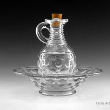 Interesting set of Early American pressed glass with a concave circle pattern. It is a 'Thousand Eye' type, reflects the circles within the circles. We have not found a positive identification of the pattern.